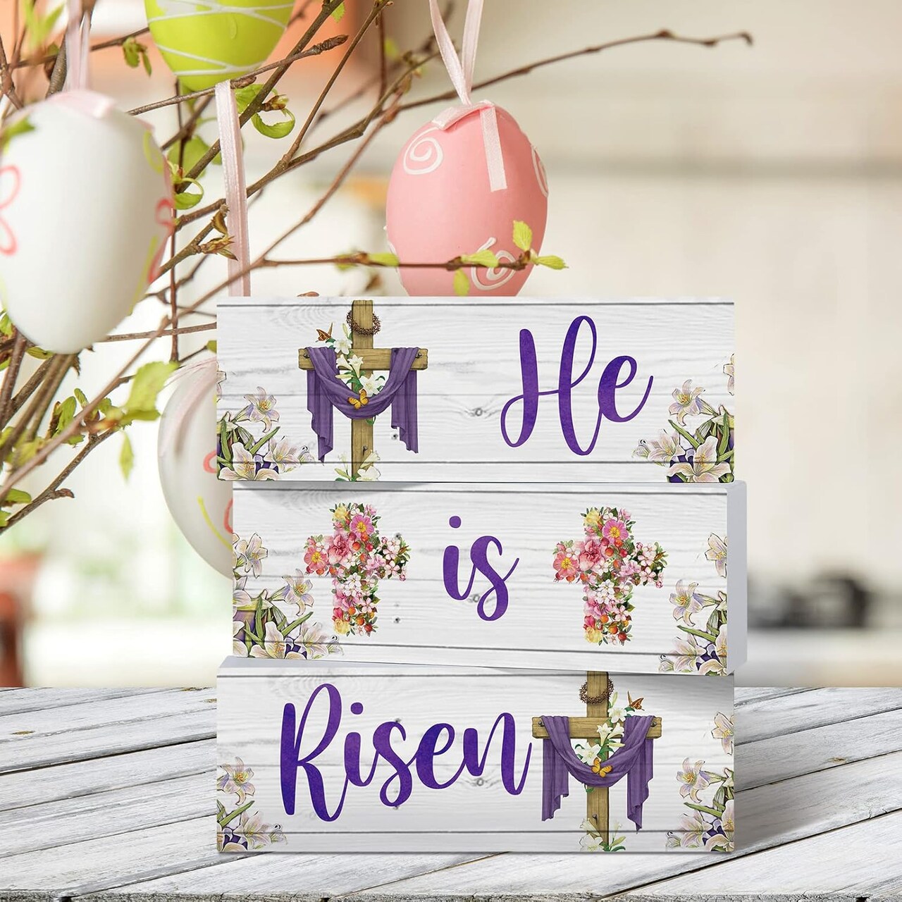 3 Pack Easter Wooden Table Decorations Easter Wood He is Risen Table Sign Sets Floral Cross Easter Tiered Tray Decor Religious Tabletop Centerpieces for Easter Spring Home Office